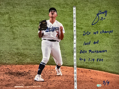 3/7 JULIO URIAS DODGERS SIGNED 22X32 CANVAS "2020 WS CHAMPS, LAST OUT" INS BAS