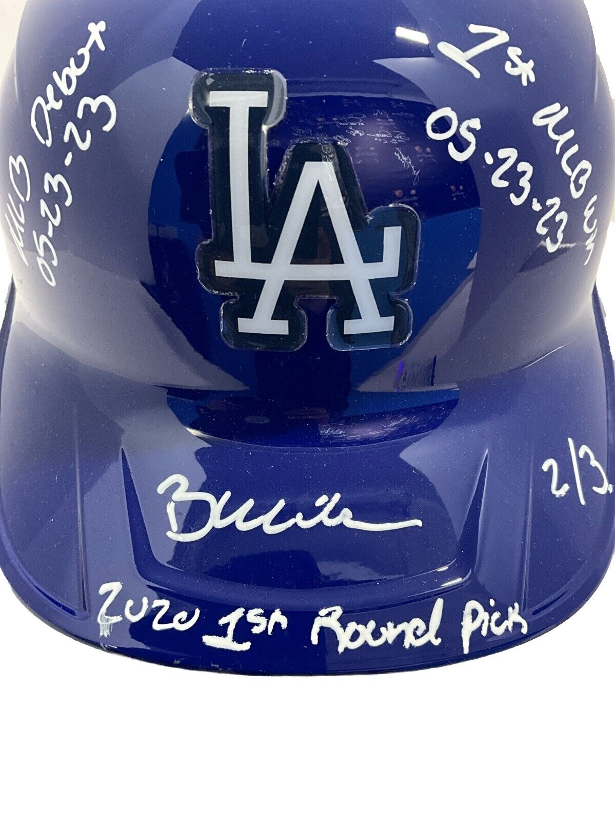 2/3 BOBBY MILLER SIGNED DODGERS FULL HELMET "MLB DEBUT, 1ST WIN, 1ST PICK" PSA