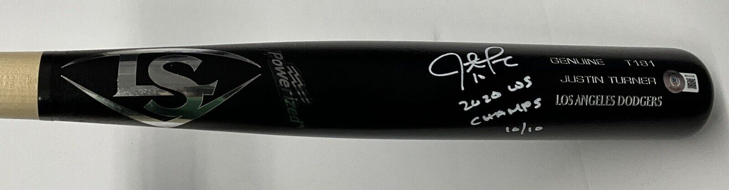 10/10 W JUSTIN TURNER DODGERS SIGNED LOUISVILLE SLUGGER BAT "2020 WS CHAMPS" BAS