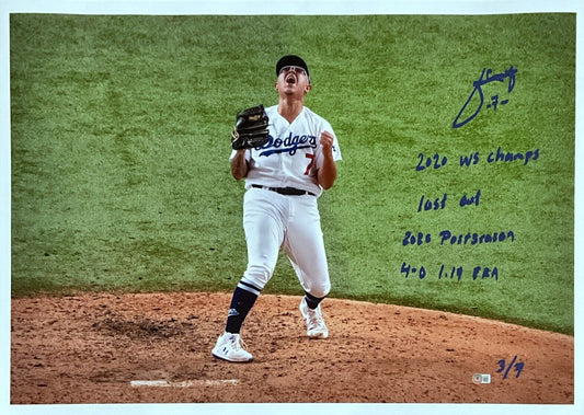 3/7 JULIO URIAS DODGERS SIGNED 22X32 CANVAS "2020 WS CHAMPS, LAST OUT" INS BAS