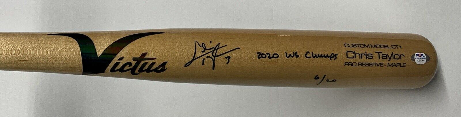 6/20 CHRIS TAYLOR DODGERS SIGNED VICTUS GAME MODEL BAT "2020 WS CHAMPS" INS PSA