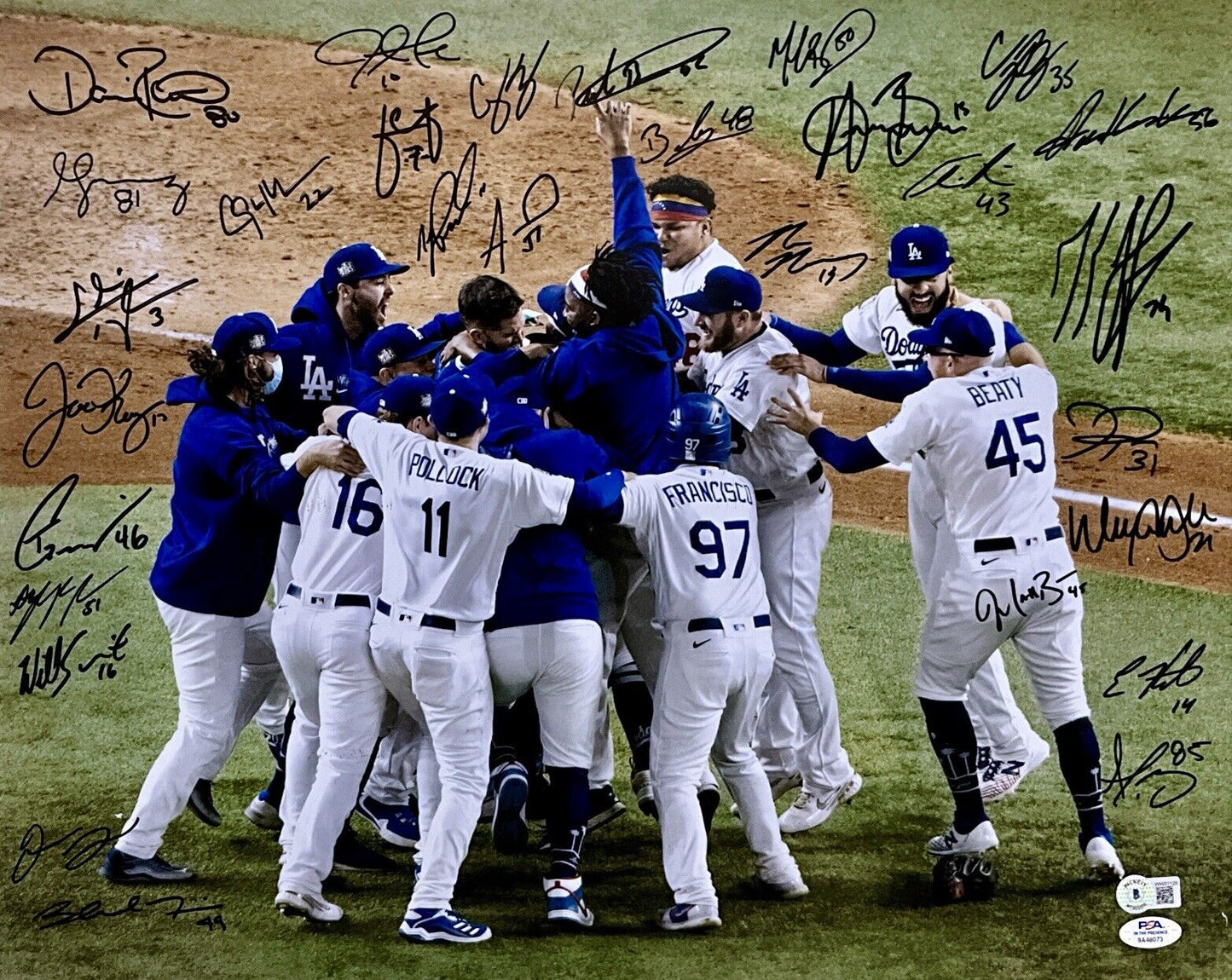 DODGERS 2020 WORLD SERIES FULL TEAM SIGNED 16X20 PHOTO 29 AUTOS PSA 9A48073