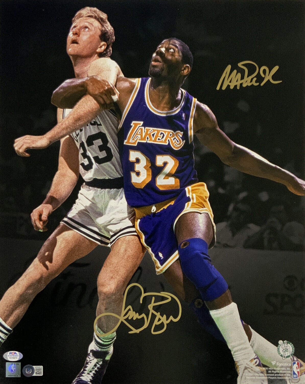 MAGIC JOHNSON LAKERS LARRY BIRD BOSTON CELTICS SIGNED 16X20 PHOTO BAS PSA C10273