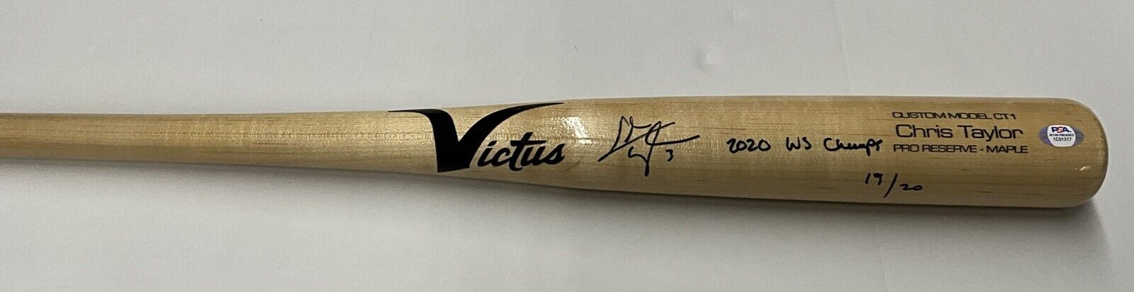 19/20 CHRIS TAYLOR DODGERS SIGNED VICTUS GAME MODEL BAT "2020 WS CHAMPS" INS PSA