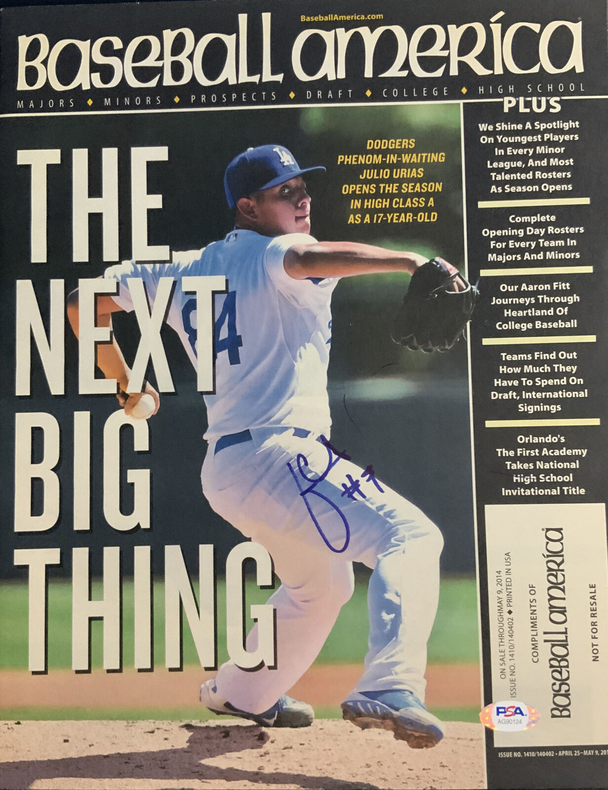 DODGERS WS CHAMP JULIO URIAS SIGNED 2014 BASEBALL AMERICA MAGAZINE PSA AG90124