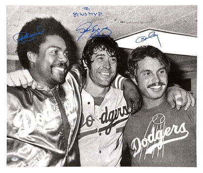 CEY, GUERRERO, YEAGER DODGERS SIGNED 22X26 CANVAS "81 WS TRI-MVP" PSA 9A55510