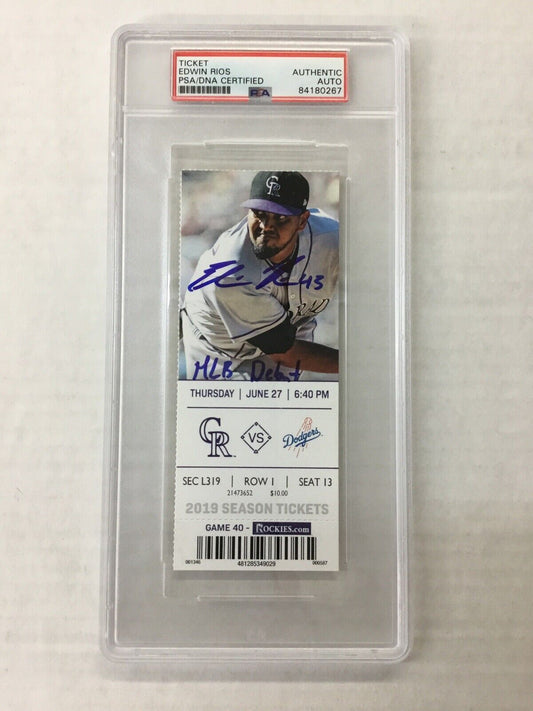 DODGERS EDWIN RIOS SIGNED MLB DEBUT 06-27-19 TICKET STUB PSA/DNA SLABBED 4180267