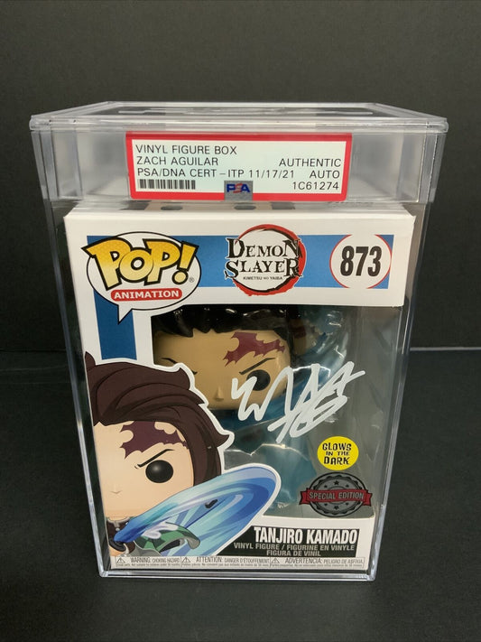 ZACH AGUILAR SIGNED DEMON SLAYER TANJIRO KAMADO FUNKO POP 873 PSA SLABBED C61274