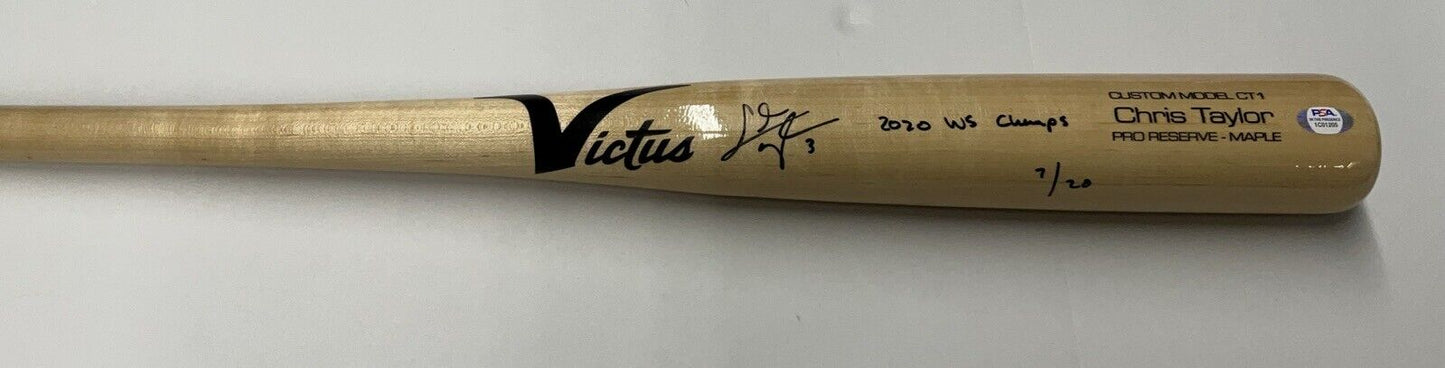 7/20 CHRIS TAYLOR DODGERS SIGNED VICTUS GAME MODEL BAT "2020 WS CHAMPS" INS PSA