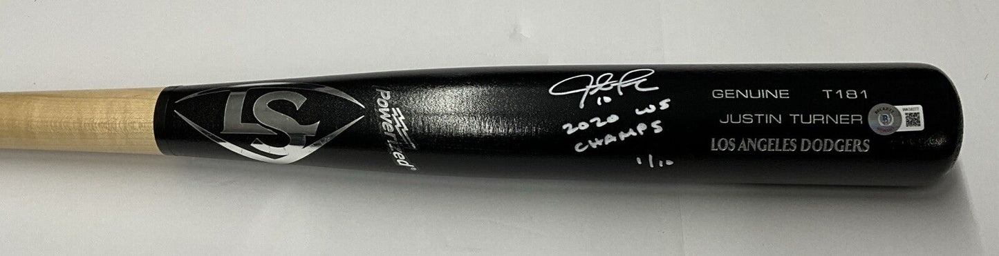 1/10 W JUSTIN TURNER DODGERS SIGNED LOUISVILLE SLUGGER BAT "2020 WS CHAMPS" BAS