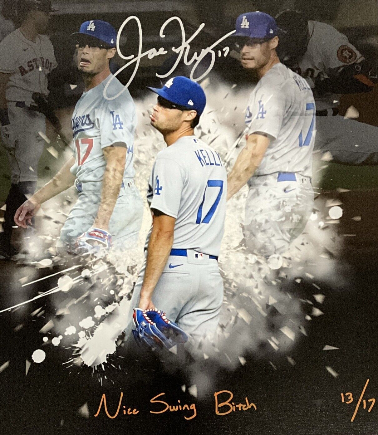 13/17 JOE KELLY DODGERS SIGNED 22X26 POUTY FACE EDIT CANVAS NICE SWING BITCH PSA