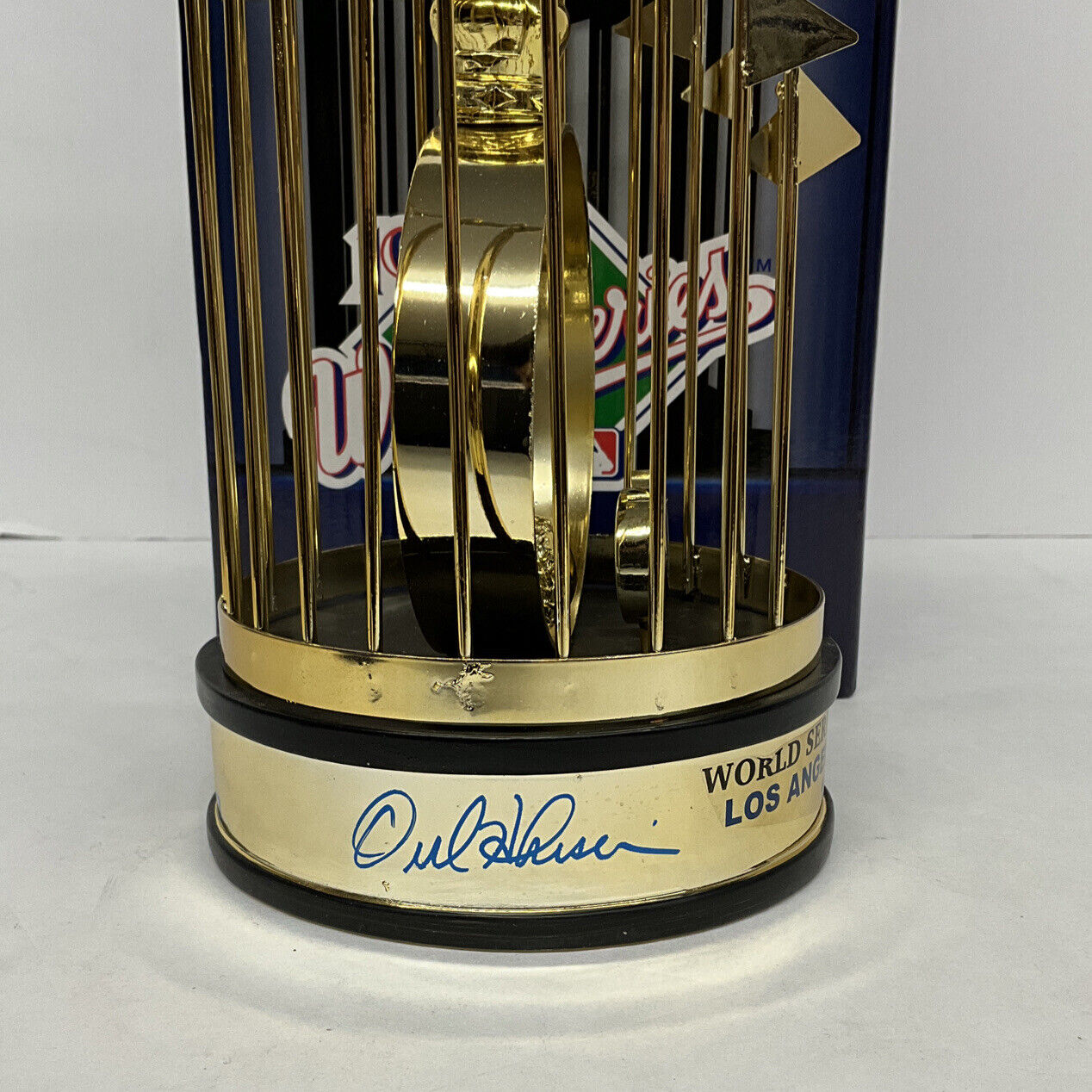 OREL HERSHISER KIRK GIBSON LASORDA SIGNED DODGERS 12" 88 WS TROPHY PSA 8A78414