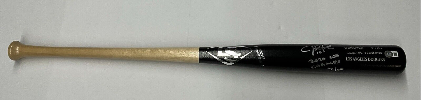 7/10 S JUSTIN TURNER DODGERS SIGNED LOUISVILLE SLUGGER BAT "2020 WS CHAMPS" BAS