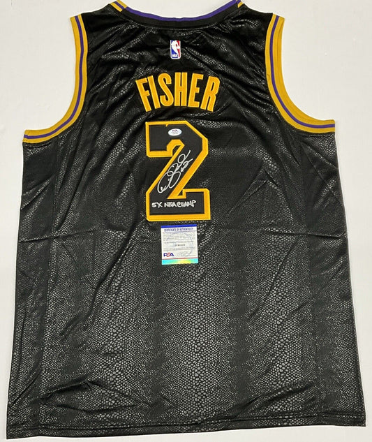 DEREK FISHER LAKERS SIGNED BLACK JERSEY "5X NBA CHAMP" INSCRIPTION PSA 1C61523