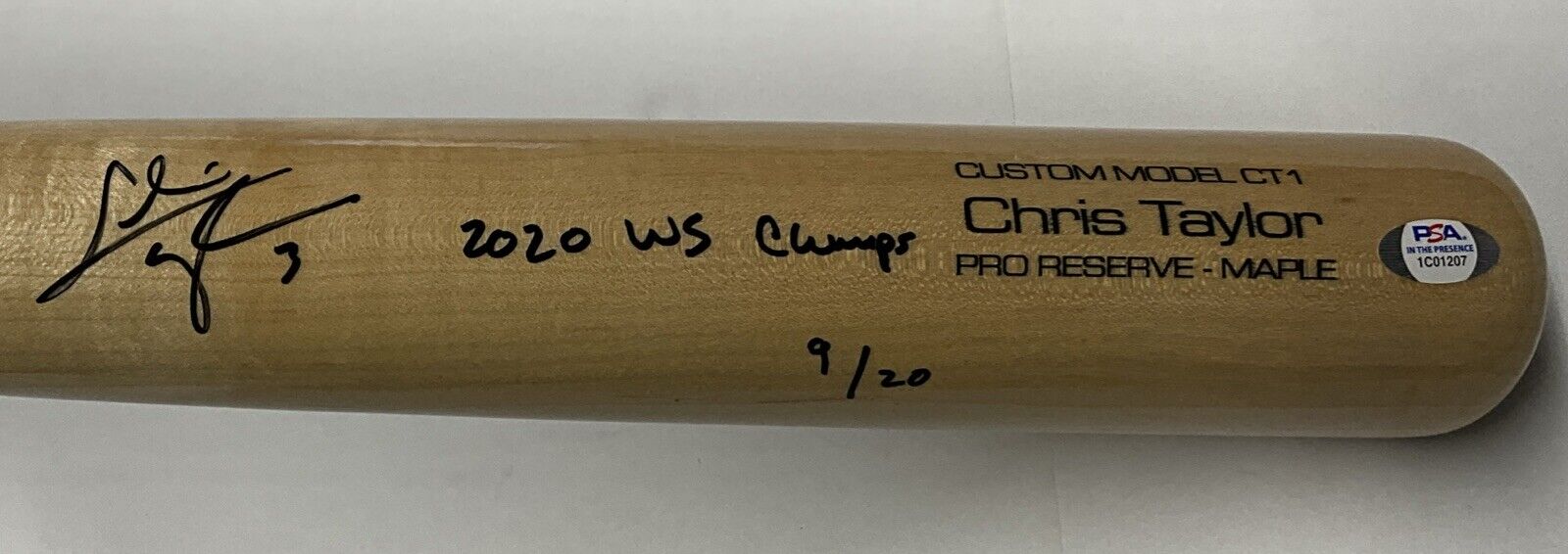 9/20 CHRIS TAYLOR DODGERS SIGNED VICTUS GAME MODEL BAT "2020 WS CHAMPS" INS PSA