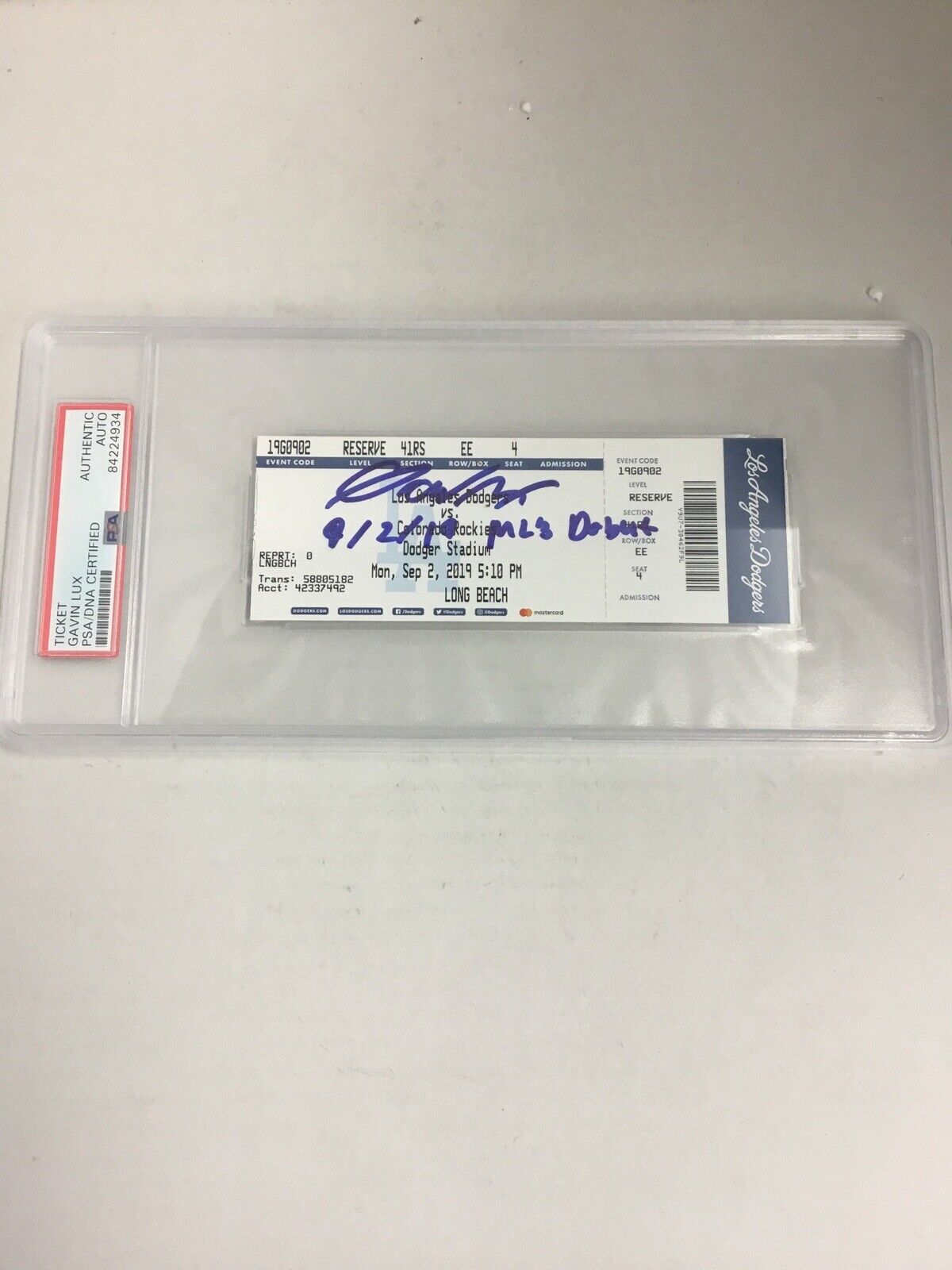 GAVIN LUX SIGNED PSA SLABBED TICKET STUB "9/2/19 MLB DEBUT" INSCRIPT FANATICS 37