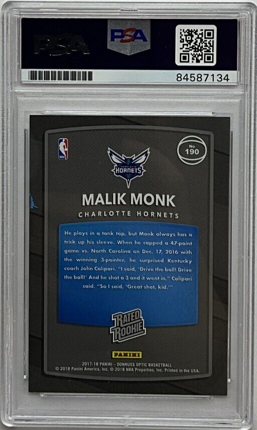 MALIK MONK SIGNED HORNETS PANINI DONRUSS OPTIC #190 RC PSA SLABBED 84587134