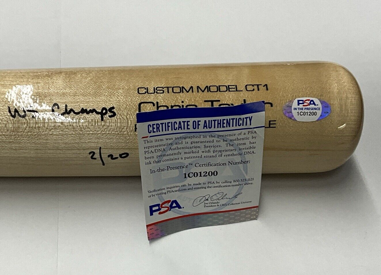 2/20 CHRIS TAYLOR DODGERS SIGNED VICTUS GAME MODEL BAT "2020 WS CHAMPS" INS PSA