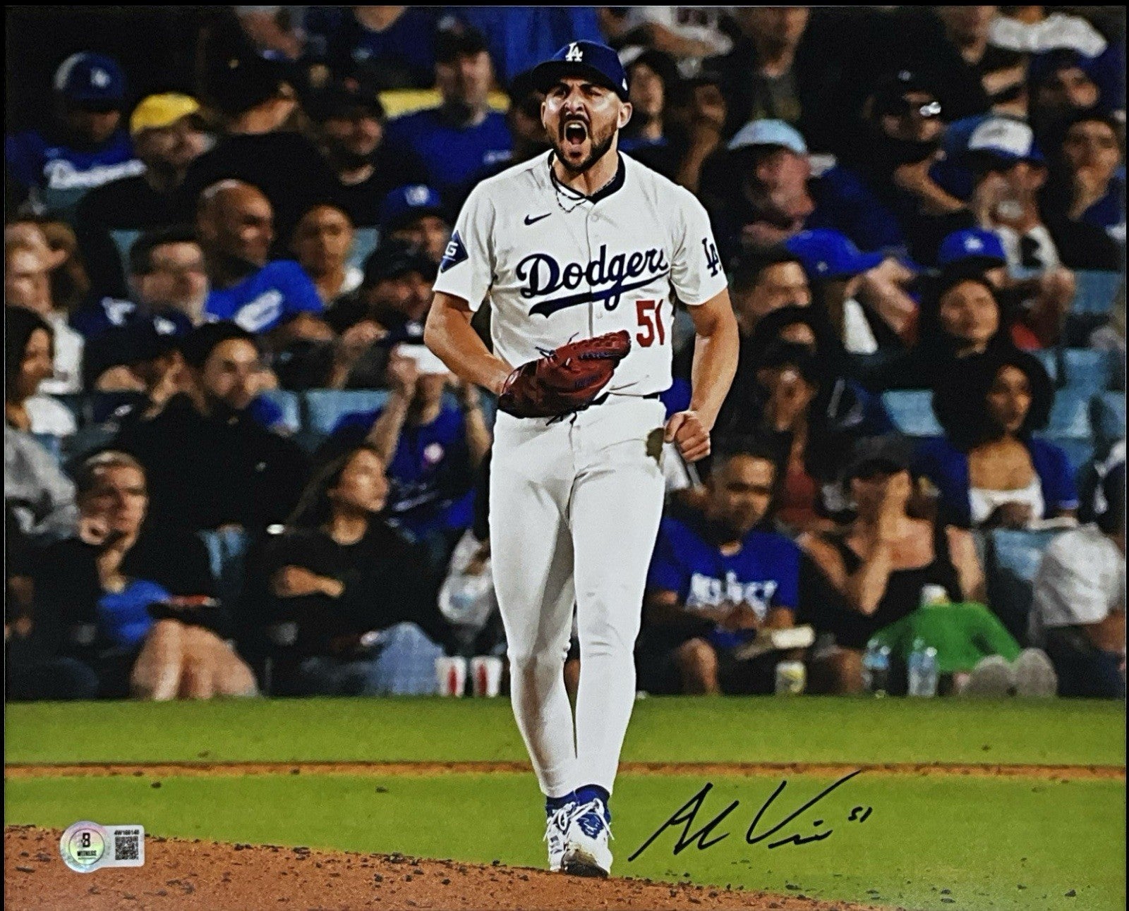 ALEX VESIA DODGERS 2024 WS CHAMPION SIGNED 11X14 SHOUTING PHOTO BAS