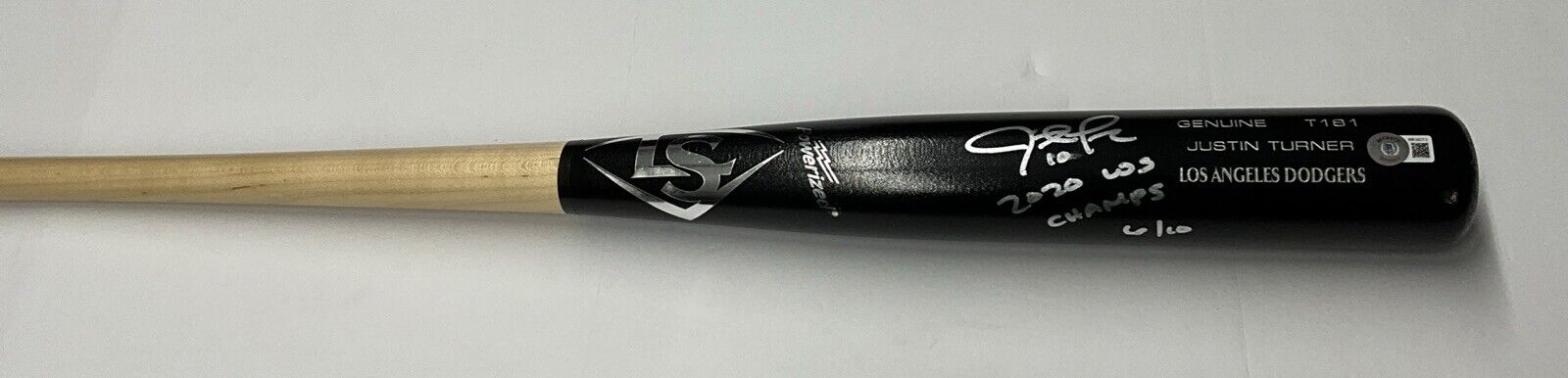 6/10 S JUSTIN TURNER DODGERS SIGNED LOUISVILLE SLUGGER BAT "2020 WS CHAMPS" BAS