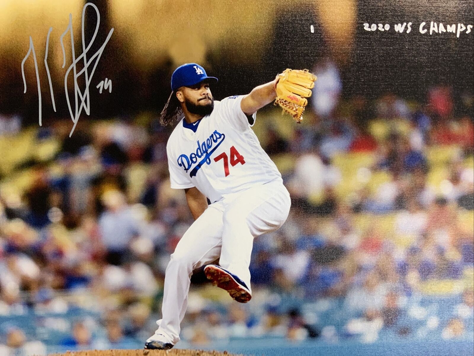 KENLEY JANSEN DODGERS SIGNED 18X22 CANVAS PRINT "2020 CHAMPS" INSC PSA 9A48411