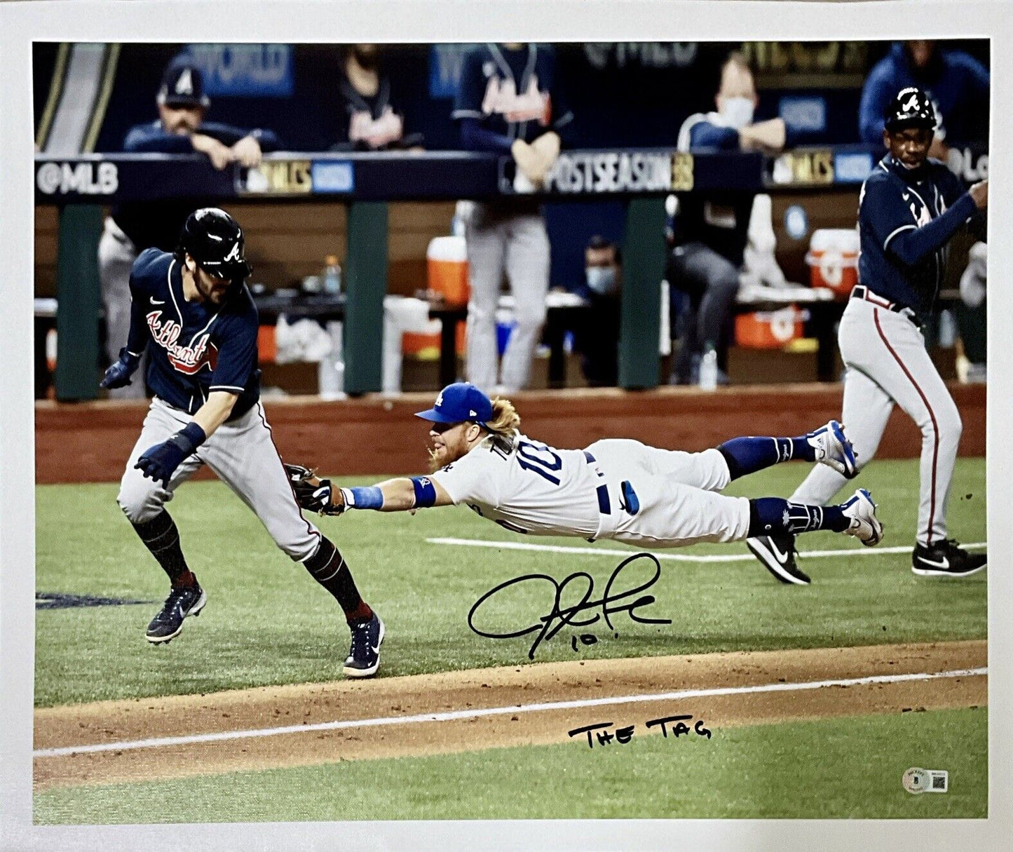 JUSTIN TURNER DODGERS SIGNED 18X22 2020 NLCS CANVAS "THE TAG" INSC BAS WK50223