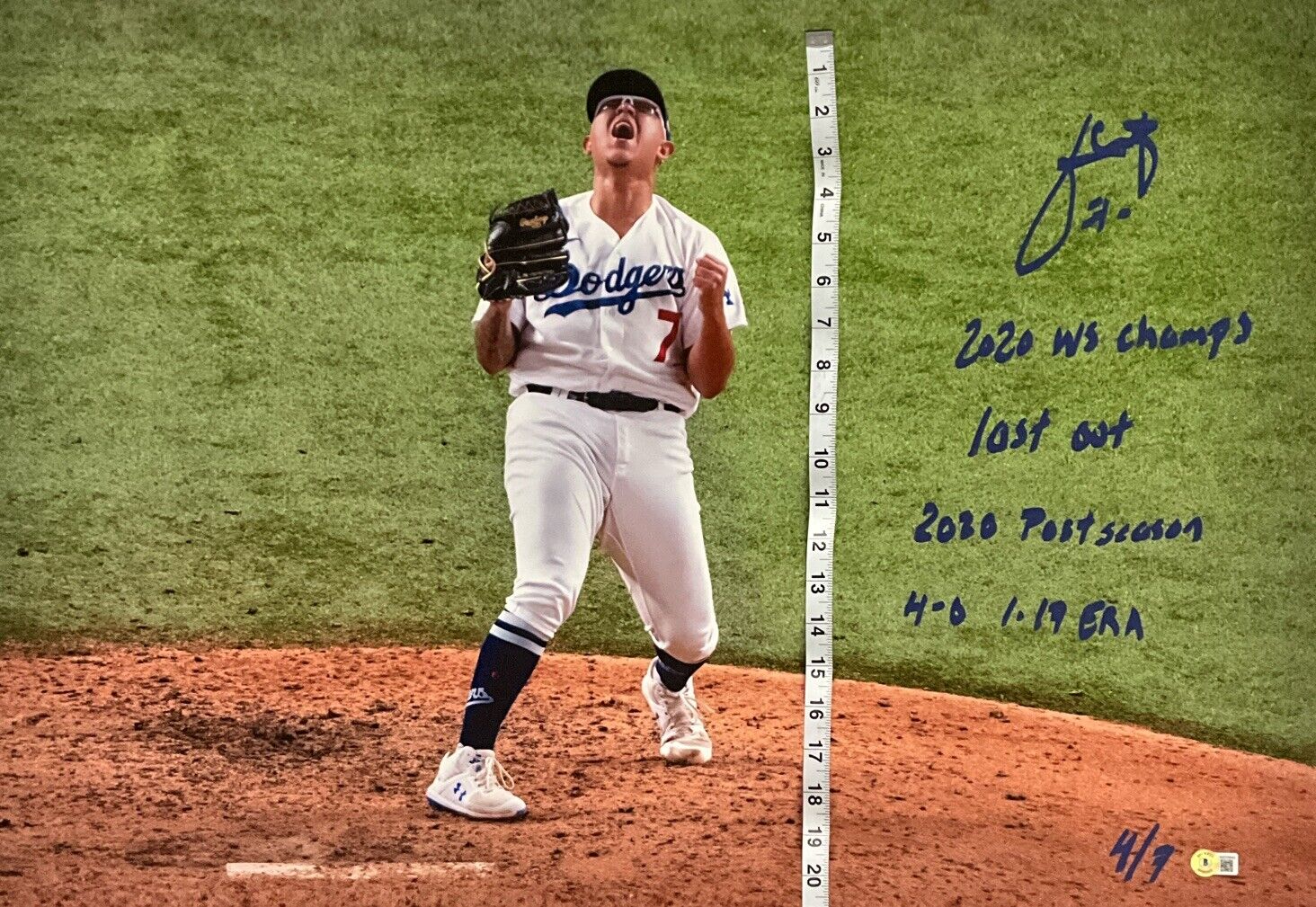 4/7 JULIO URIAS DODGERS SIGNED 22X32 CANVAS "2020 WS CHAMPS, LAST OUT" INS BAS