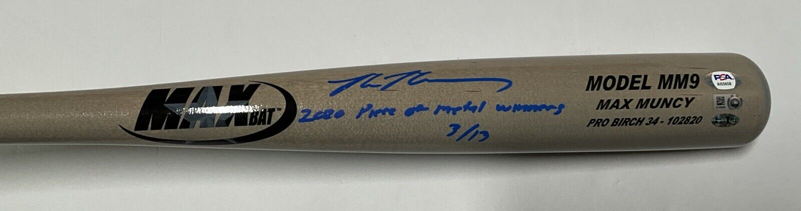 3/13 MAX MUNCY SIGNED GAME MODEL MM9 MAXBAT "2020 piece of metal winner" MLB PSA