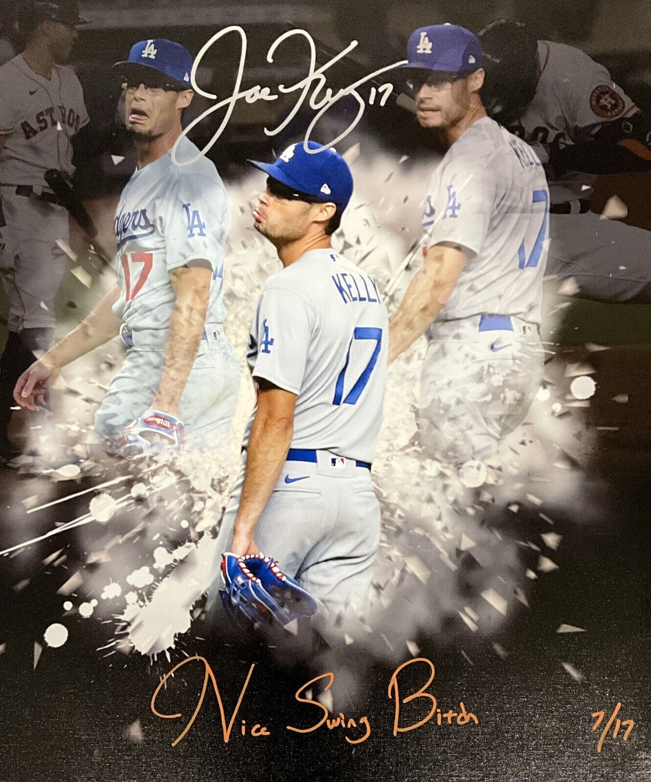 7/17 JOE KELLY DODGERS SIGNED 22X26 POUTY FACE EDIT CANVAS "NICE SWING BITCH PSA