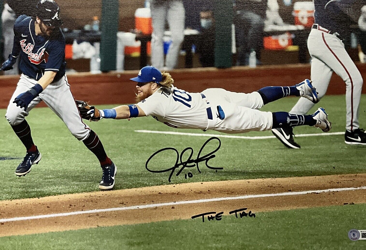 JUSTIN TURNER DODGERS SIGNED 18X22 2020 NLCS CANVAS "THE TAG" INSC BAS WK50220