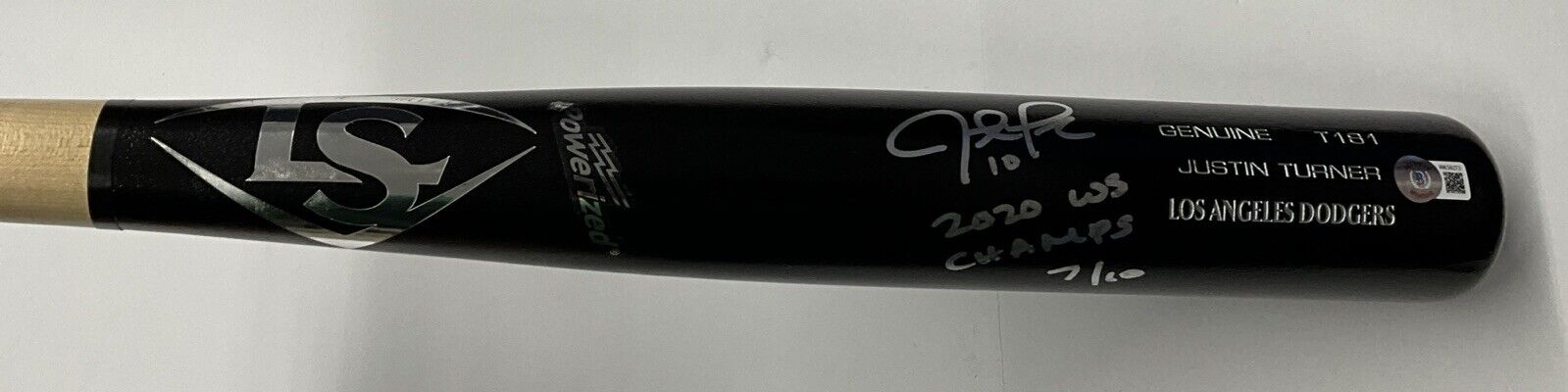 7/10 S JUSTIN TURNER DODGERS SIGNED LOUISVILLE SLUGGER BAT "2020 WS CHAMPS" BAS