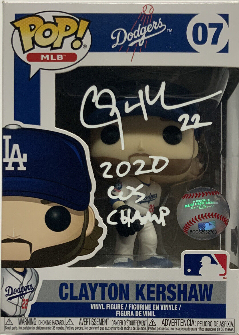 CLAYTON KERSHAW SIGNED DODGERS FUNKO POP 07 "2020 WS CHAMP" INSCRIPTION BAS ITP