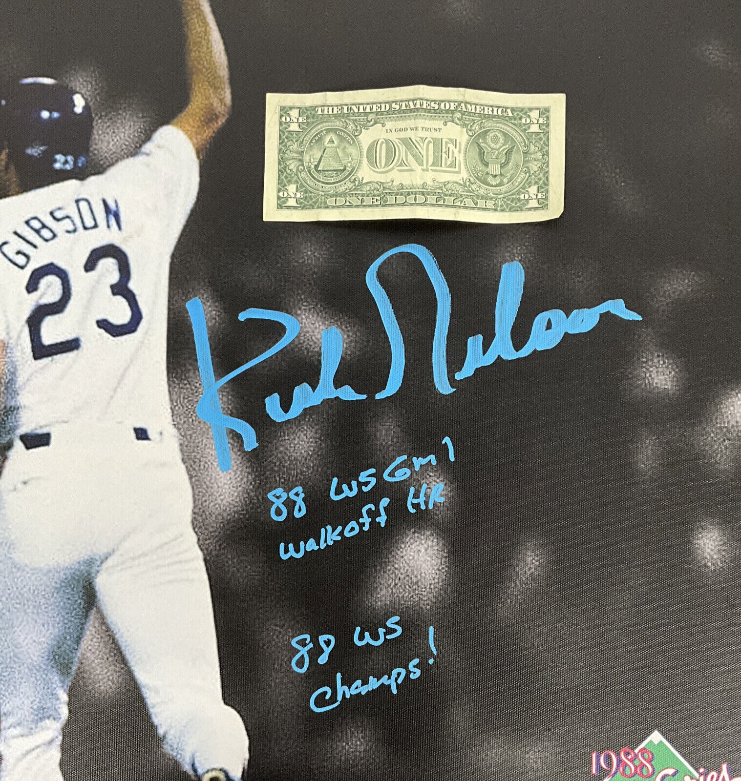 KIRK GIBSON DODGERS SIGNED 20X30 STRETCHED SCULLY CANVAS 4 INSCRIPT BAS W140632