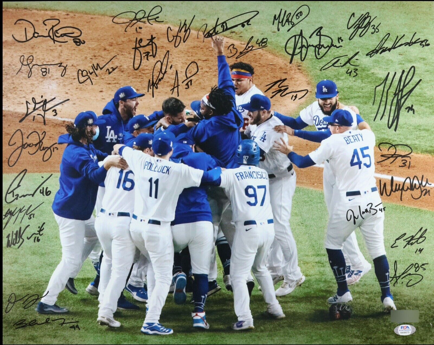 DODGERS 2020 WORLD SERIES FULL TEAM SIGNED 16X20 PHOTO 29 AUTOS PSA 9A48073