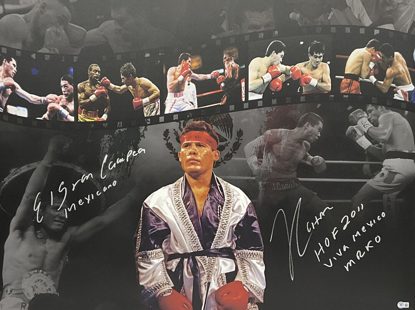 JULIO CESAR CHAVEZ SIGNED 30X40 STRETCHED LE CANVAS MULTIPLE INSCRIP BAS W210361