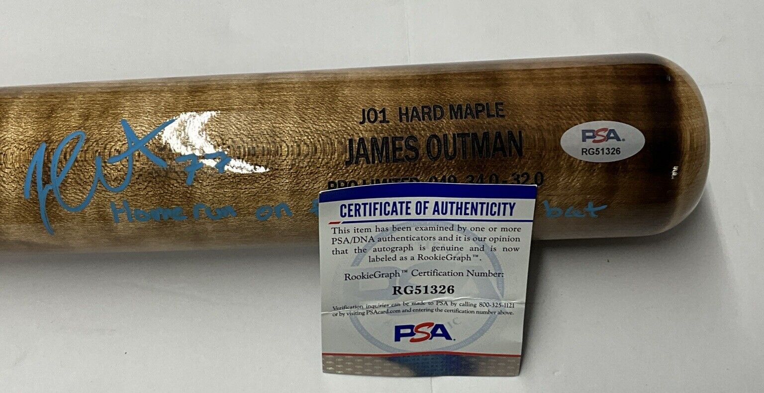 JAMES OUTMAN DODGERS SIGNED MARK LUMBER BAT "HOMERUN ON FIRST MLB AB PSA RG51326