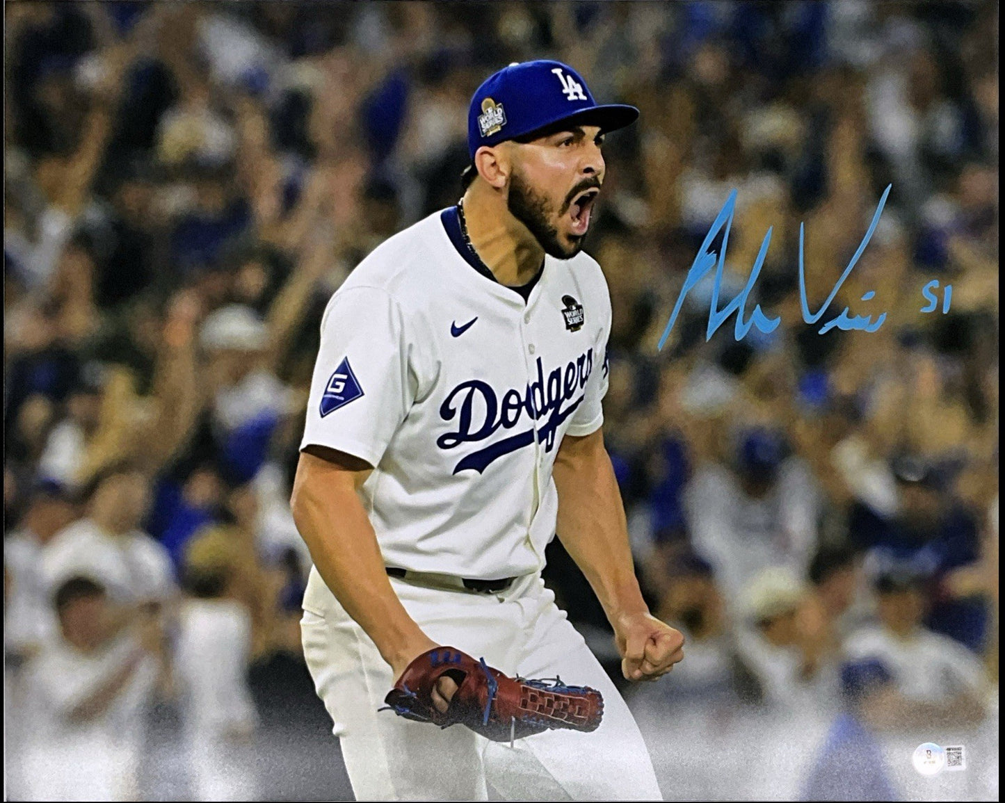ALEX VESIA DODGERS 2024 WS CHAMPION SIGNED 16X20WORLD SERIES  SHOUTING PHOTO BAS