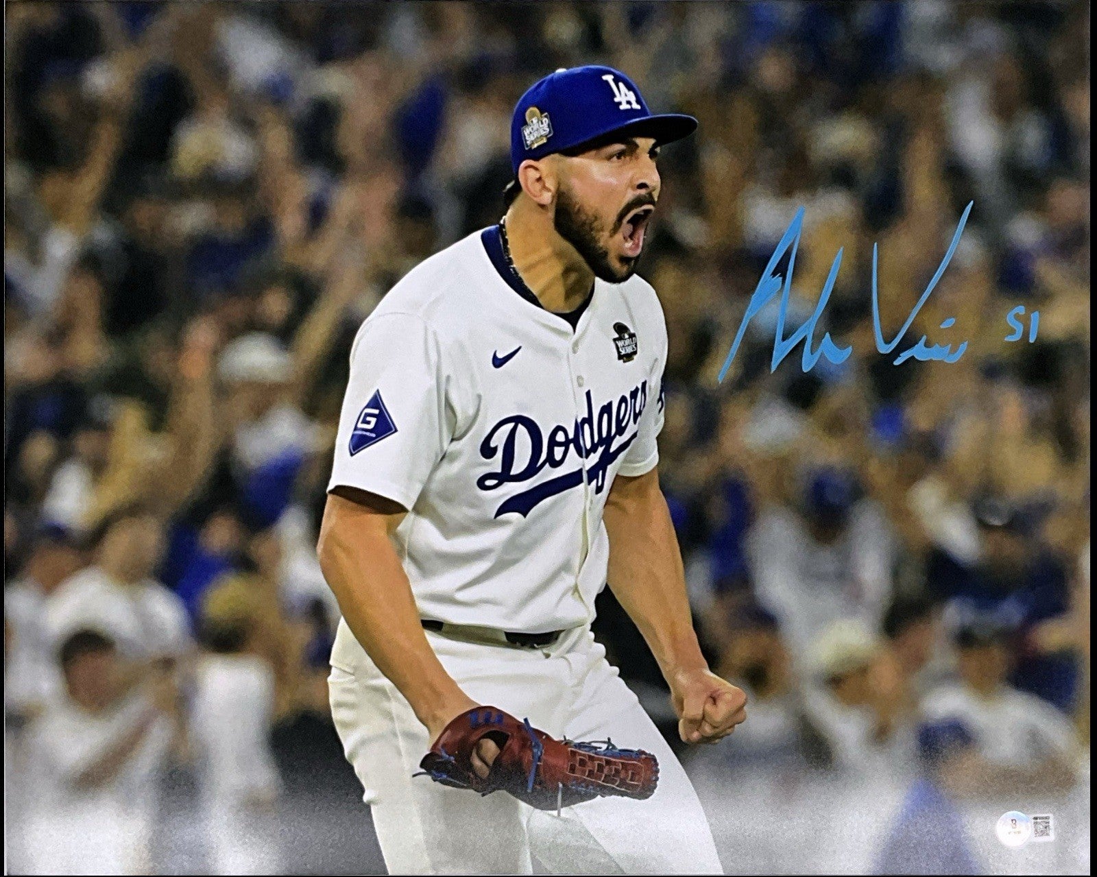 ALEX VESIA DODGERS 2024 WS CHAMPION SIGNED 16X20WORLD SERIES  SHOUTING PHOTO BAS