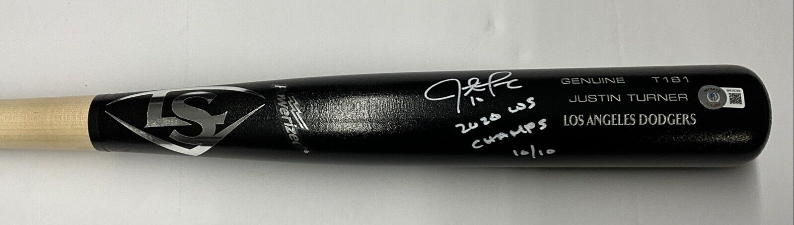 10/10 W JUSTIN TURNER DODGERS SIGNED LOUISVILLE SLUGGER BAT "2020 WS CHAMPS" BAS