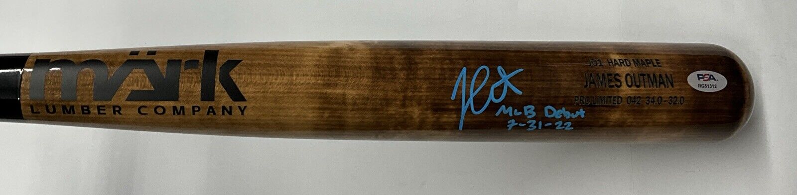 JAMES OUTMAN DODGERS SIGNED MARK LUMBER MODEL BAT "MLB DEBUT 7-31-22 PSA RG51312