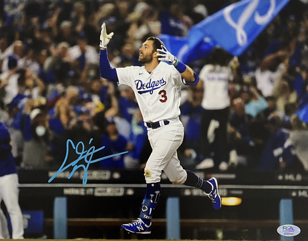 CHRIS TAYLOR DODGERS SIGNED 11X14 WILDCARD WALKOFF HR CELEBRATION PHOTO BLUE PSA