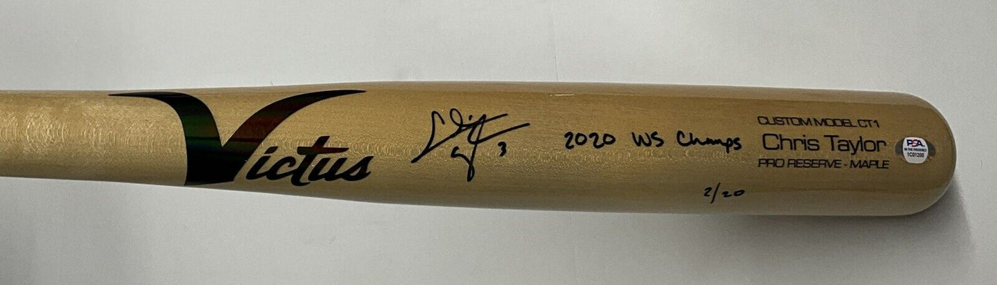 2/20 CHRIS TAYLOR DODGERS SIGNED VICTUS GAME MODEL BAT "2020 WS CHAMPS" INS PSA