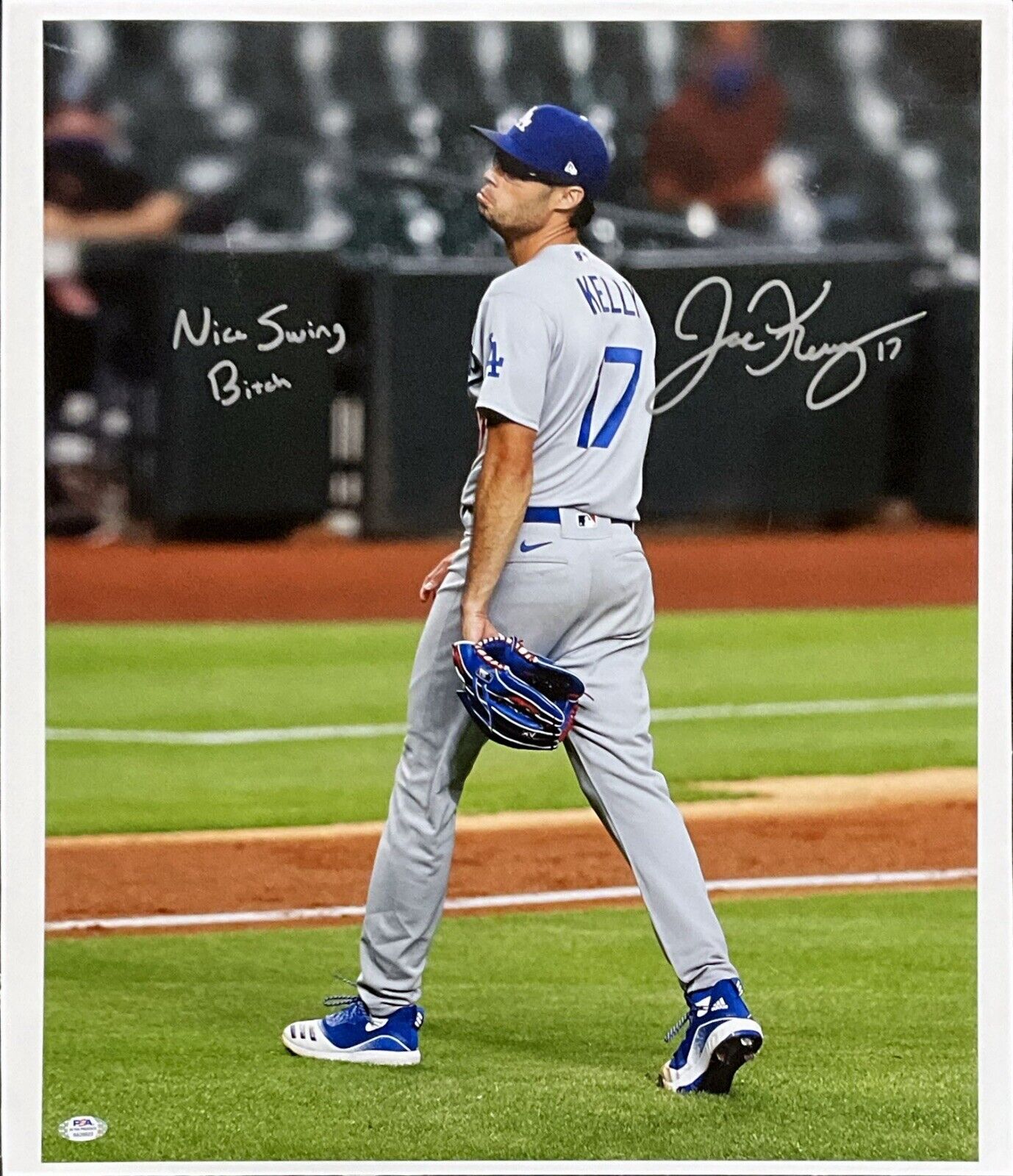 JOE KELLY SIGNED DODGERS 19X23 POUTY FACE CANVAS "NICE SWING BITCH" PSA 9A26622