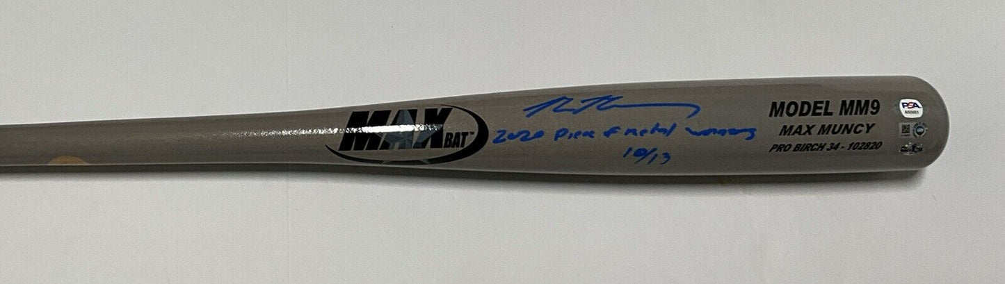 10/13 MAX MUNCY SIGNED GAME MODEL MM9 MAXBAT 2020 piece of metal winner" MLB PSA