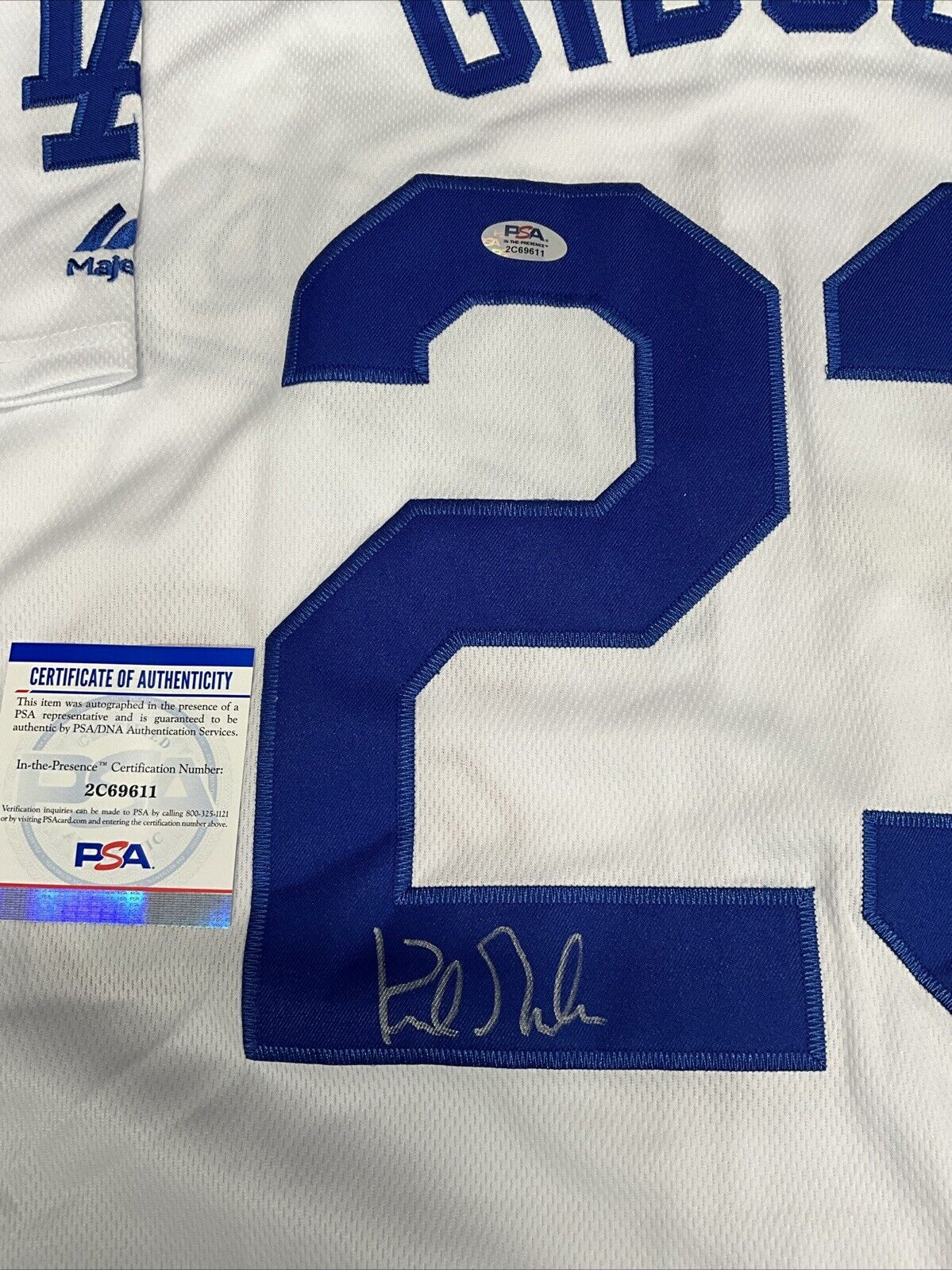 KIRK GIBSON SIGNED DODGERS 88 WORLD SERIES JERSEY "88 WS CHAMPS! INS PSA 2C69611