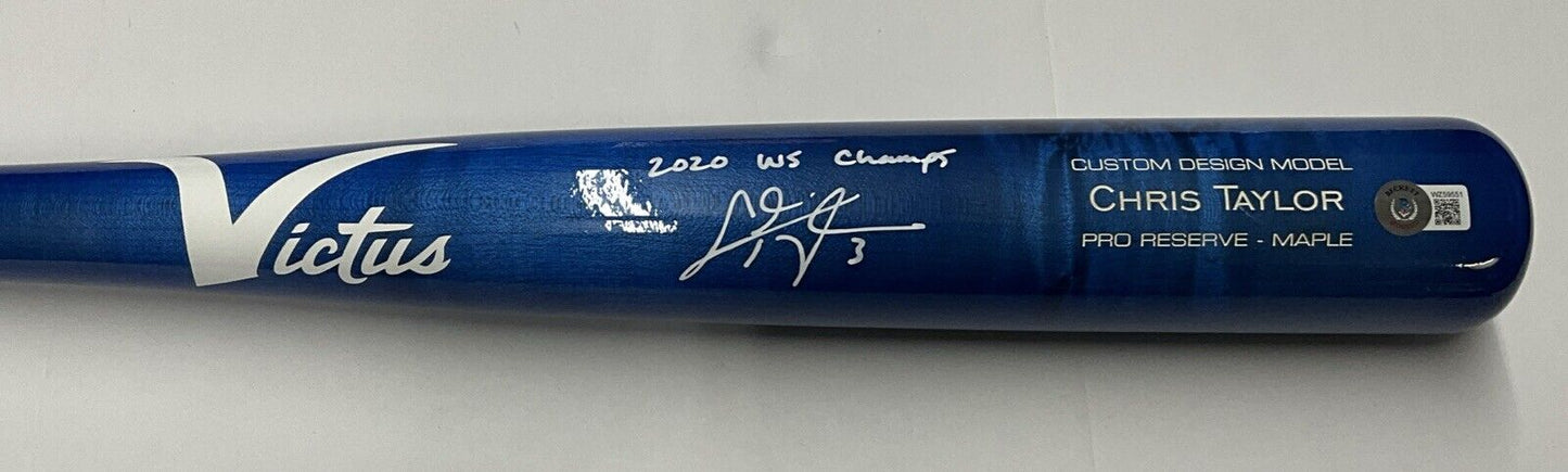 CHRIS TAYLOR DODGERS SIGNED VICTUS MODEL BLUE BAT "2020 WS CHAMPS" BAS WZ59551