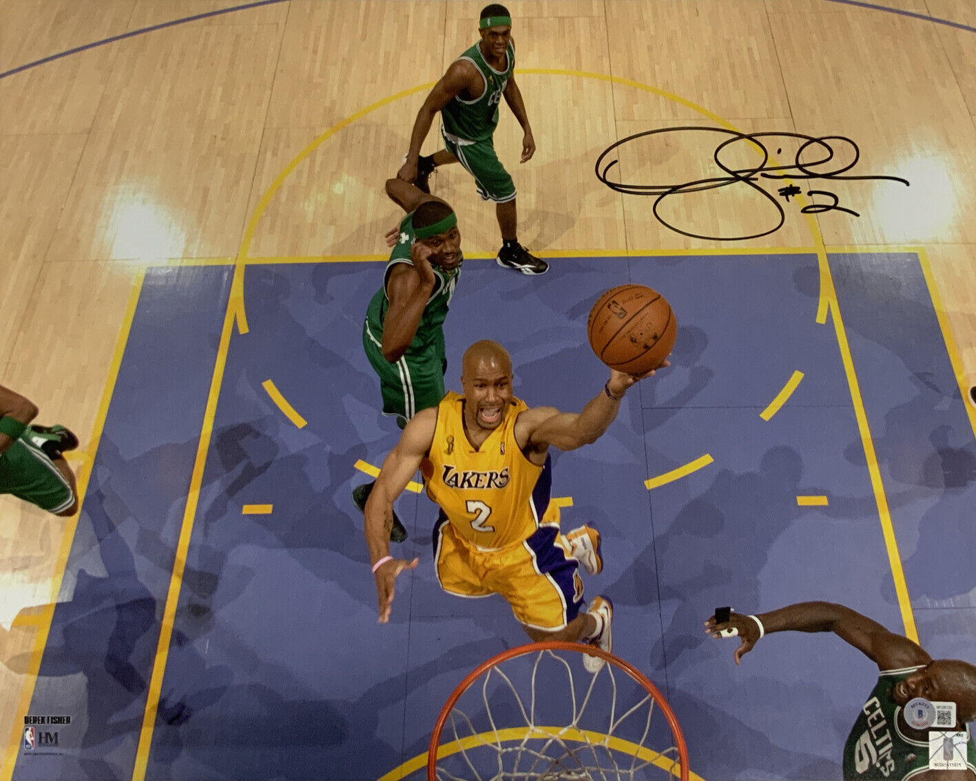 DEREK FISHER LAKERS 5X NBA CHAMPION SIGNED 16X20 LAY UP PHOTO VS CELTICS BAS