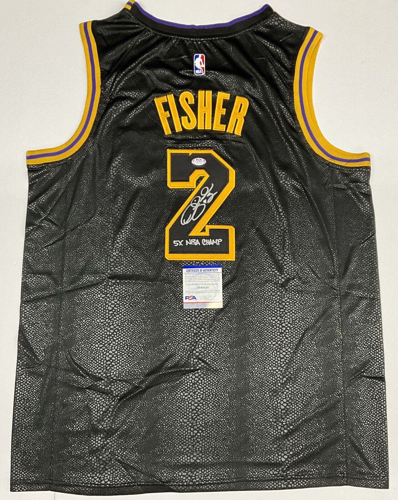 DEREK FISHER LAKERS SIGNED BLACK JERSEY "5X NBA CHAMP" INSCRIPTION PSA 1C61525