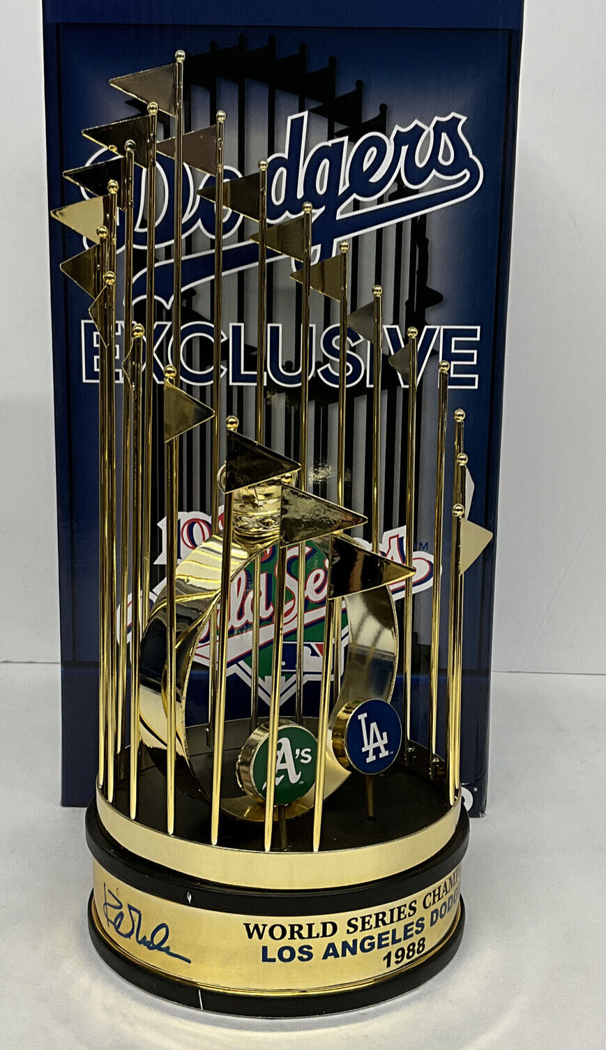 OREL HERSHISER KIRK GIBSON SIGNED DODGERS 12" 88 WORLD SERIES TROPHY PSA 9A20782