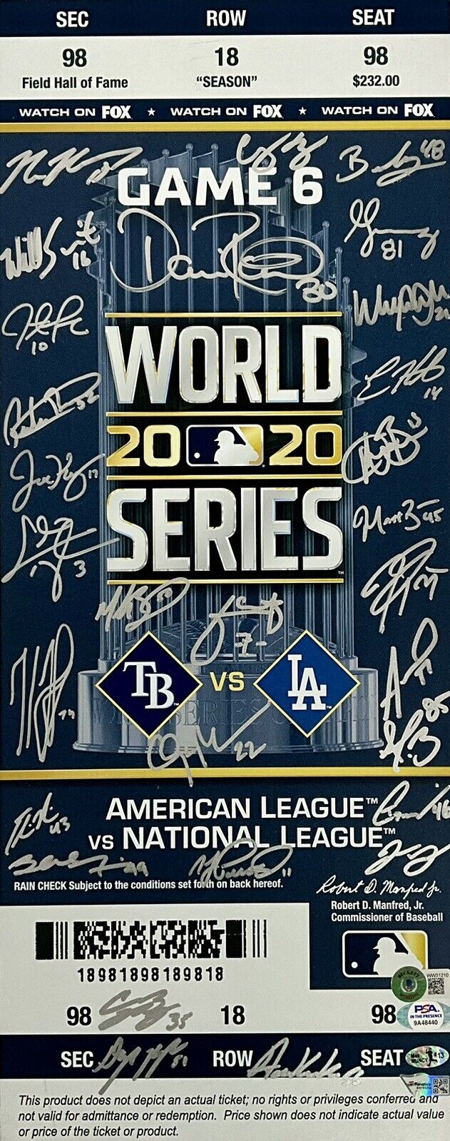 DODGERS 2020 WORLD SERIES FULL TEAM SIGNED 8X20 TICKET 29 AUTOS PSA 9A48440